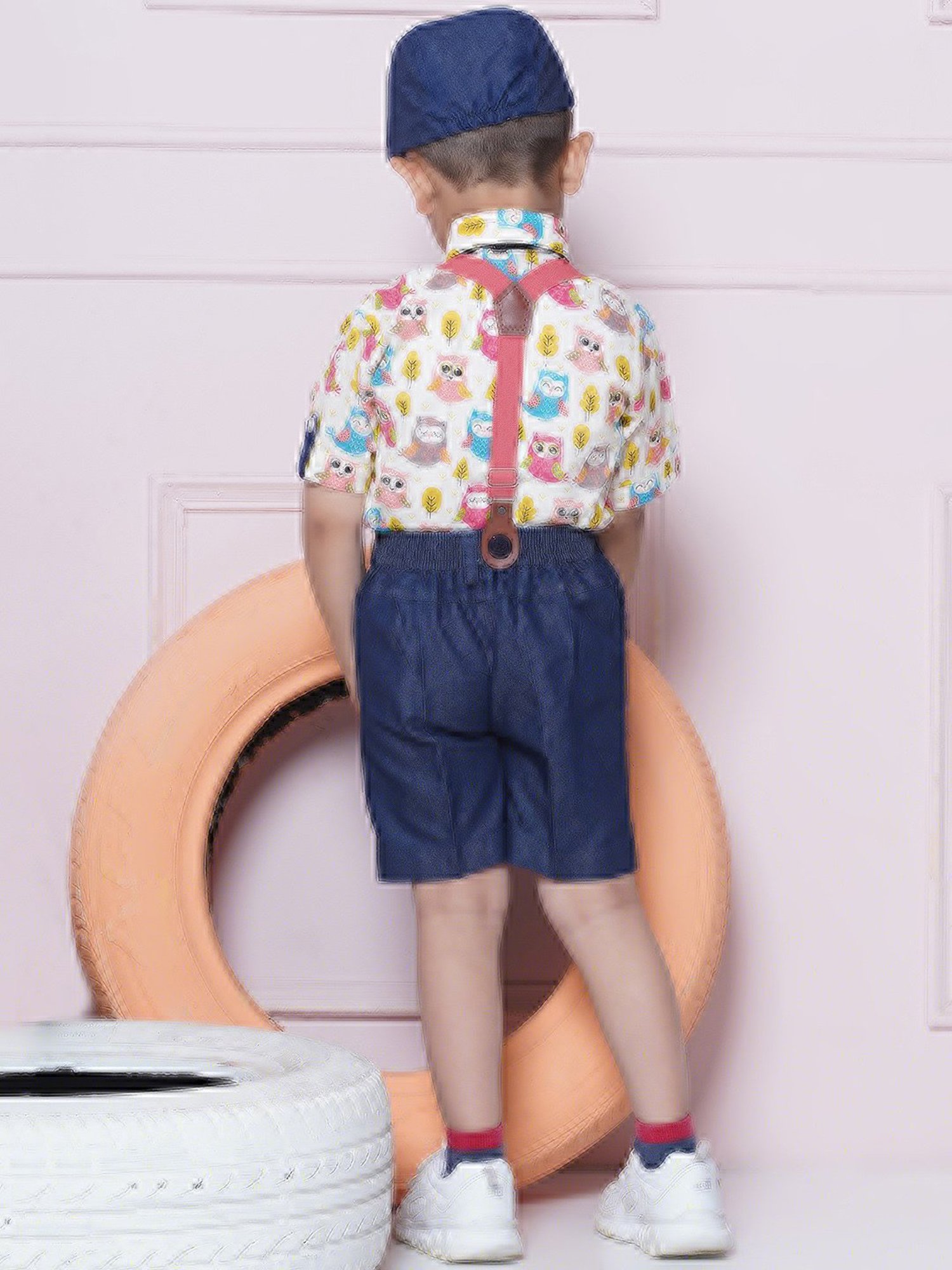 AJ Dezines Kids Pink & Navy Printed Shirt, Shorts, Suspender, Bow with Cap