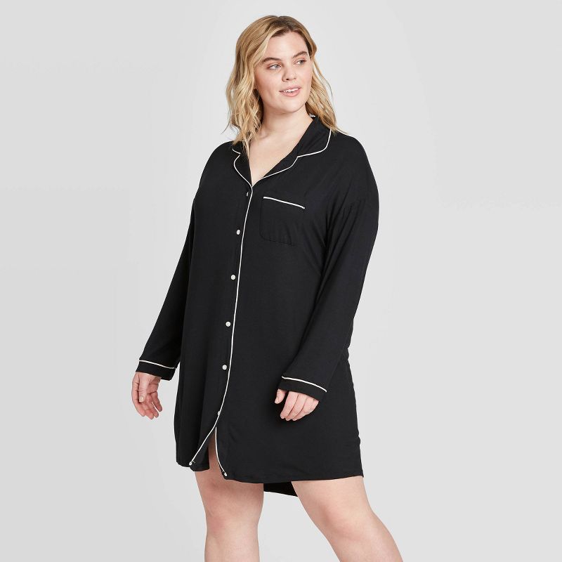 Women's Plus Size Beautifully Soft Long Sleeve Notch Collar Nightgown - Stars Above™ Black 3X