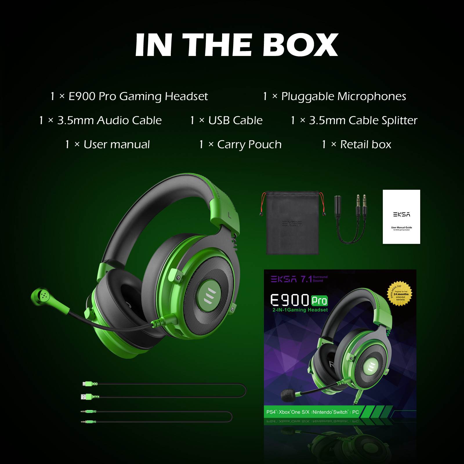 EKSA E900 Pro Gaming Headset with Detachable Microphone 7.1 Surround Sound Headset Gamer USB/3.5mm Wired Headphones For PC PS4 Xbox one Earphones(Green)