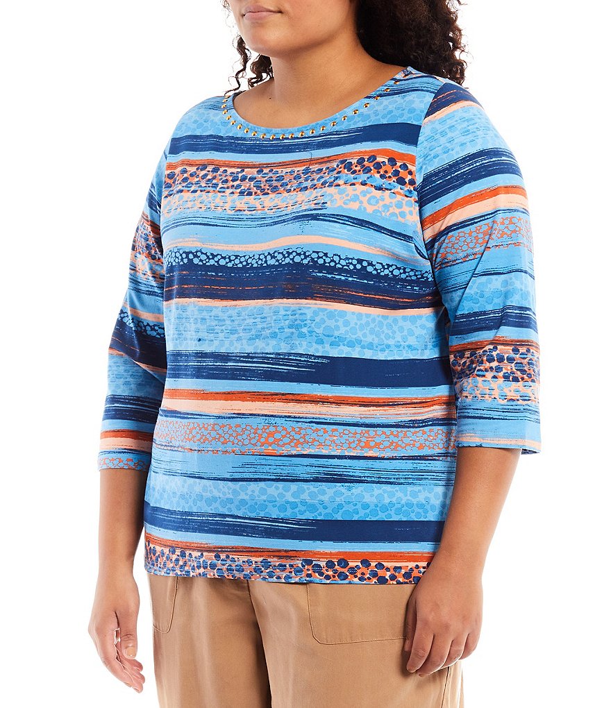 Ruby Rd. Plus Size Embellished Round Neck Spotted Brushstroke Stripe Print Knit Jersey 3/4 Sleeve Top