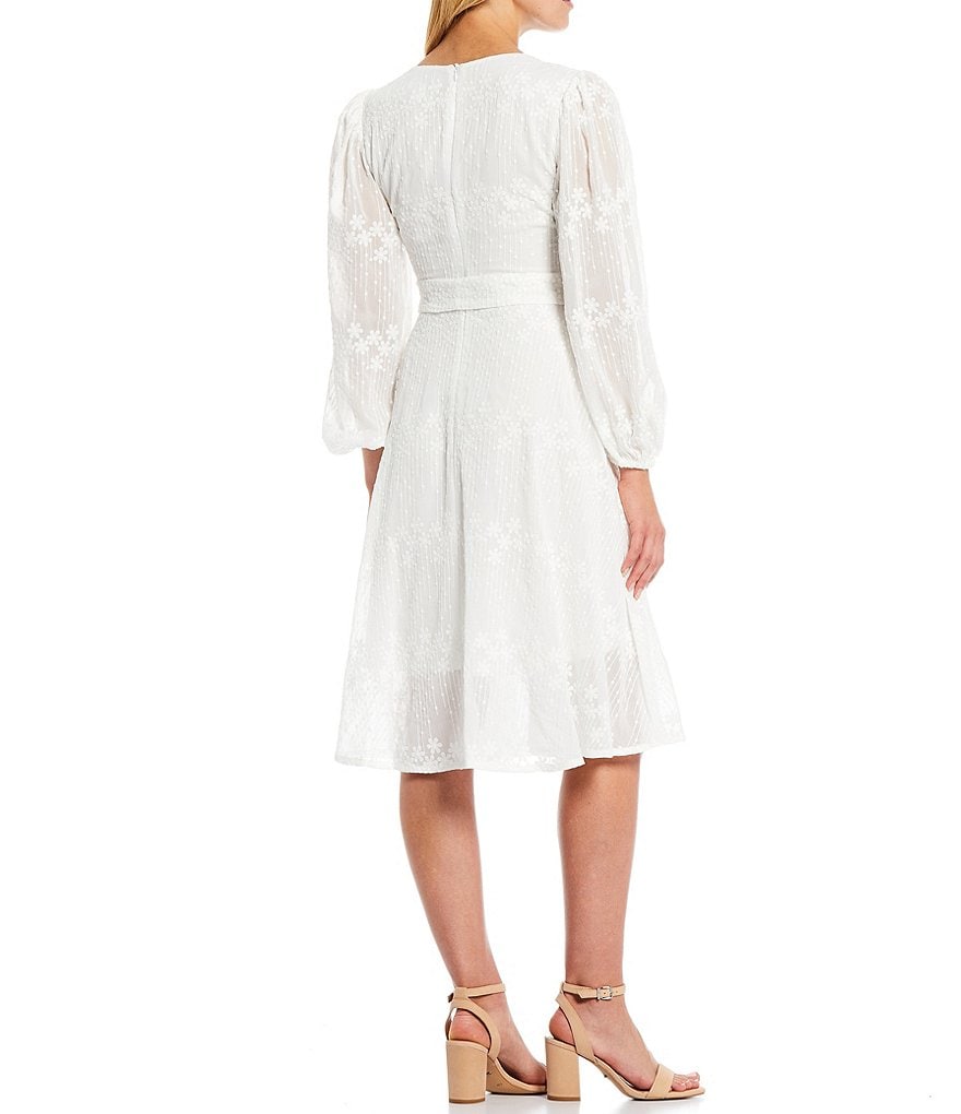 Kensie Belted Embroidered Long Sheer Sleeve Chiffon Wrap Dress