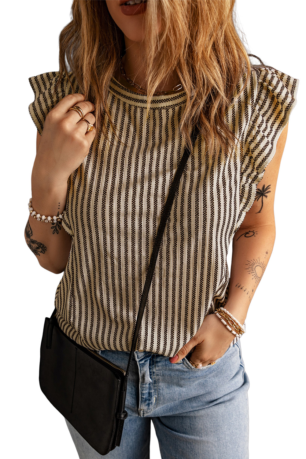 Khaki Striped Print Ruffle Casual Summer Top