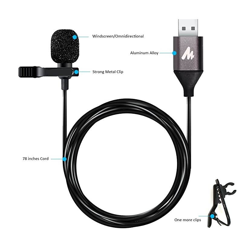 USB Lavalier Microphone AUUL10 192kHz24bit Omnidirectional Lapel Mic Hands Free Shirt Collar Clipon Microphone for PC Computer Laptop YouTube Skype Recording Live Broadcasting