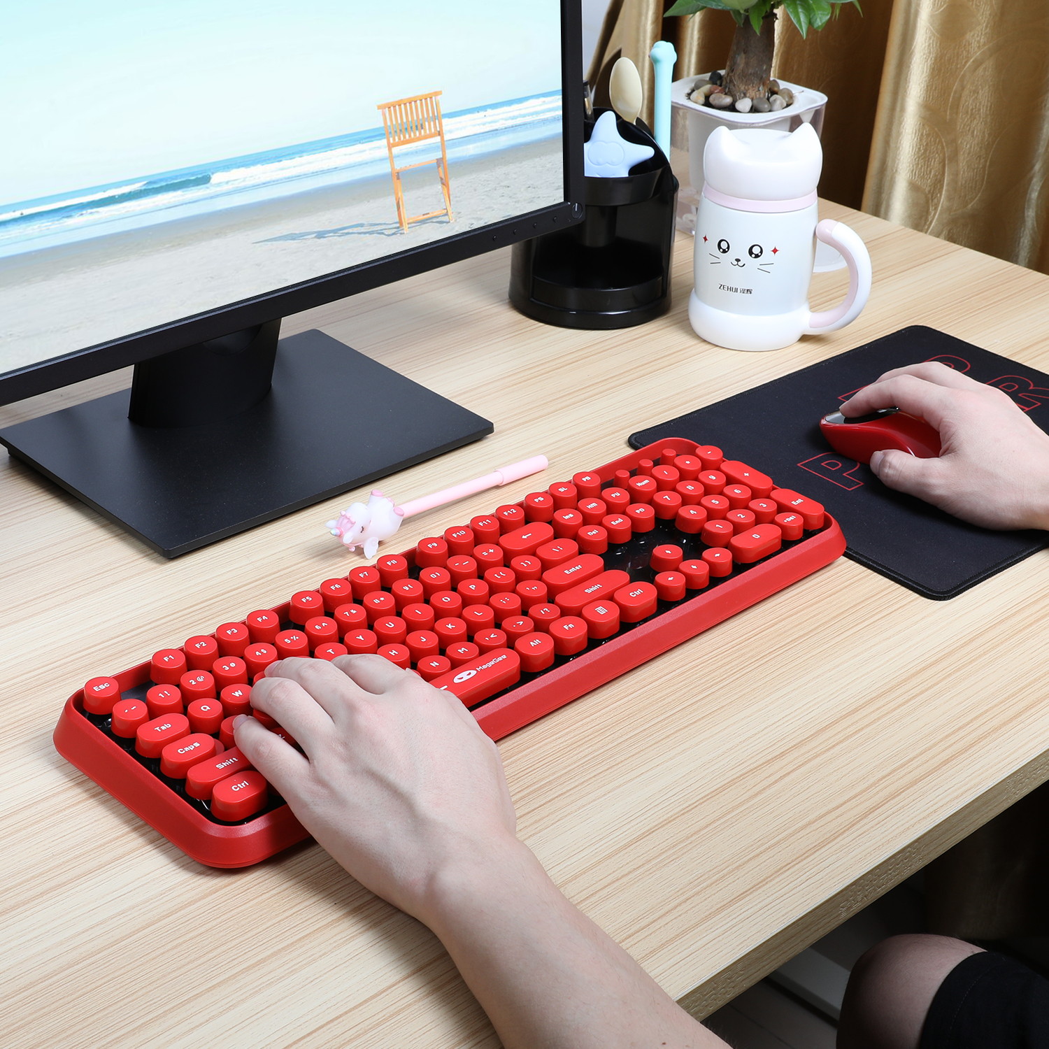 Wireless Keyboard and Mouse Combo, 2.4G Cute Round Mute Keyboard Mouse Set for Laptop, Computer, Mac (Mixed Color)