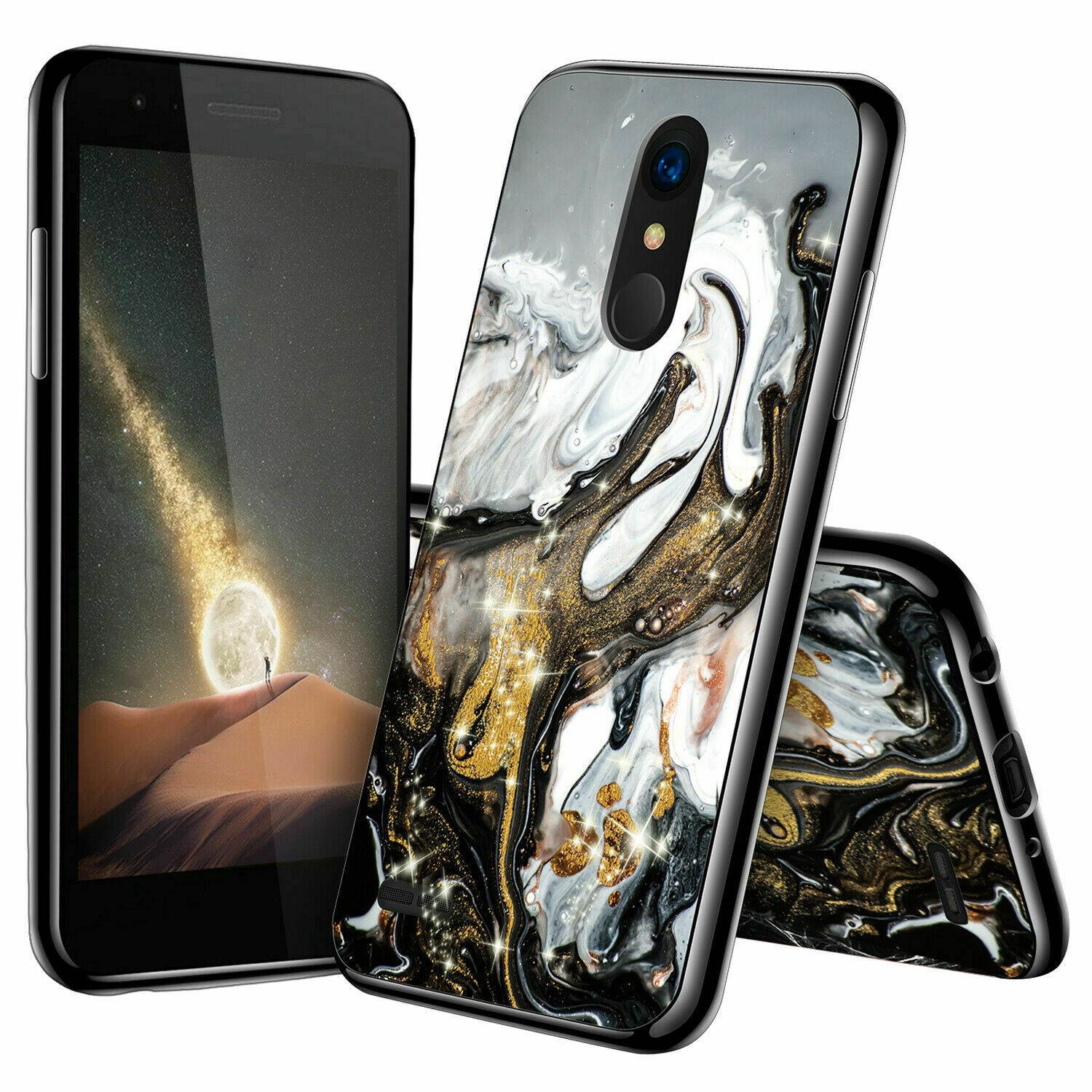 For LG Rebel Phoenix 4 Aristo 2/3 Plus Case Marble Glitter TPU +Tempered Glass