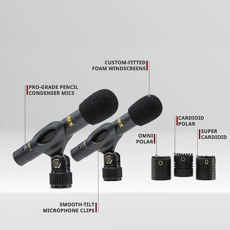 LyxPro SDPC-2 Stereo Pair of Pencil Condenser Stick Instrument Microphone Pair - Interchangeable Omni, Cardioid & Super Cardioid Capsules Included