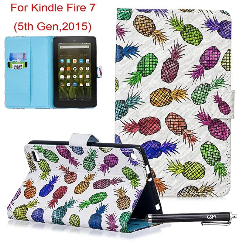 Case for  Kindle Fire 7 (5th Generation, 2015 Release) - Synthetic Leather Magnetic Closure Stand Cover with Card Slots for 2015 Fire 7" Display ONLY, Pineapple