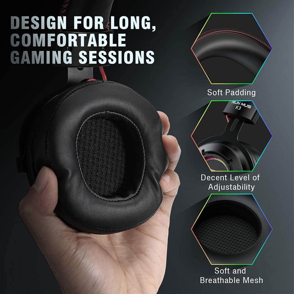 RUNMUS Gaming Headset PS4 Headset Xbox One Headset with 7.1 Surround Sound, Noise Canceling Mic & LED Light, Compatible with Xbox One, PS3, PS4, PS5, PC, Nintendo Switch, Sony PSP