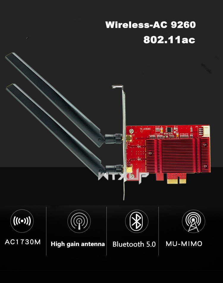 Wireless-AC 9260 Desktop Pcie Gaming Wifi Card 802.11ac, Dual Band, 2x2 Wi-Fi + Bluetooth 5 Desktop Wireless Card for Gamer