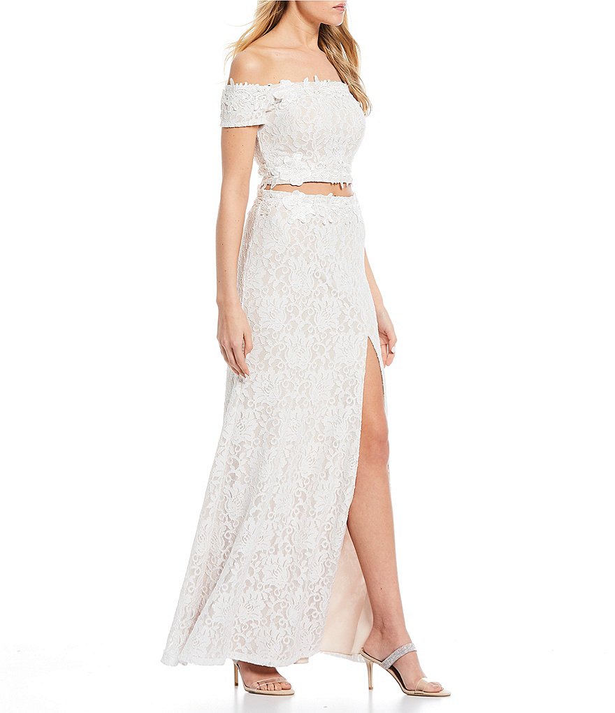 Sequin Hearts Off-The-Shoulder Side Slit Glitter Lace Two-Piece Long Dress