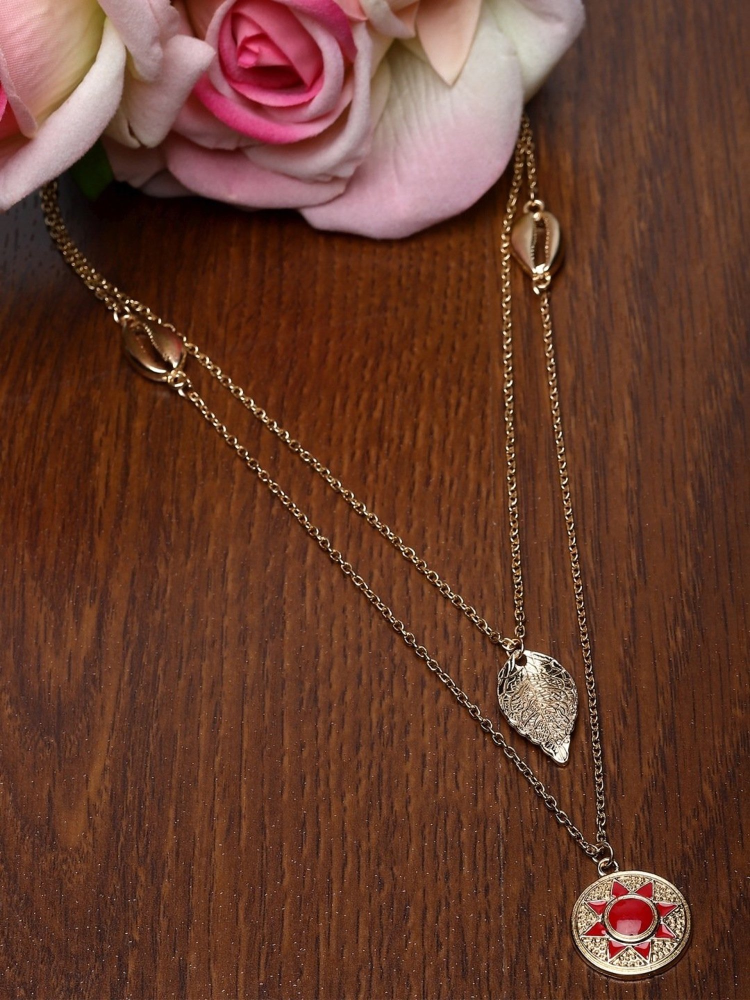 Karatcart Golden Red Meena Sun and Leaf Multicharm Multilayered Chain Women