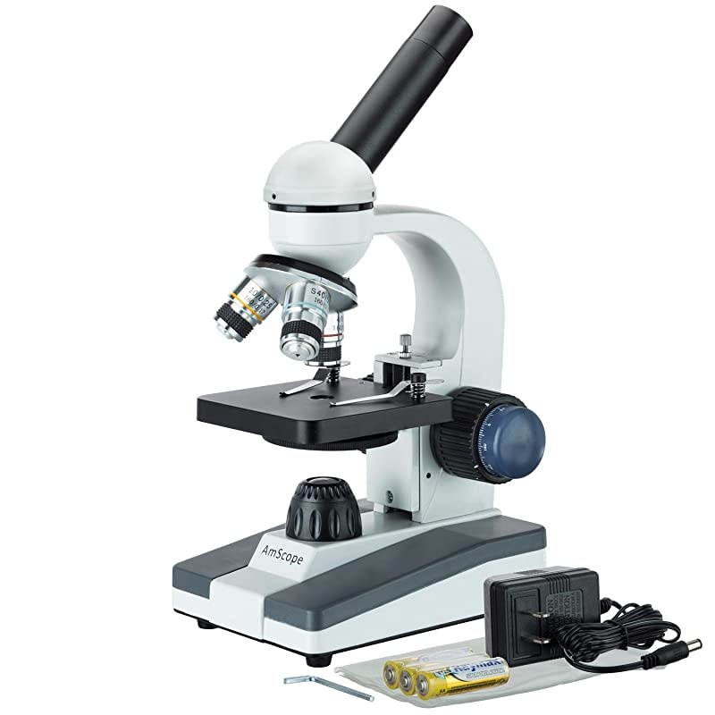 M150CPS25 Compound Monocular Microscope WF10x and WF25x Eyepieces 40x1000x Magnification LED Illumination Brightfield SingleLens Condenser Coaxial Coarse and Fine Focus Plain Stage 110V Includes Set