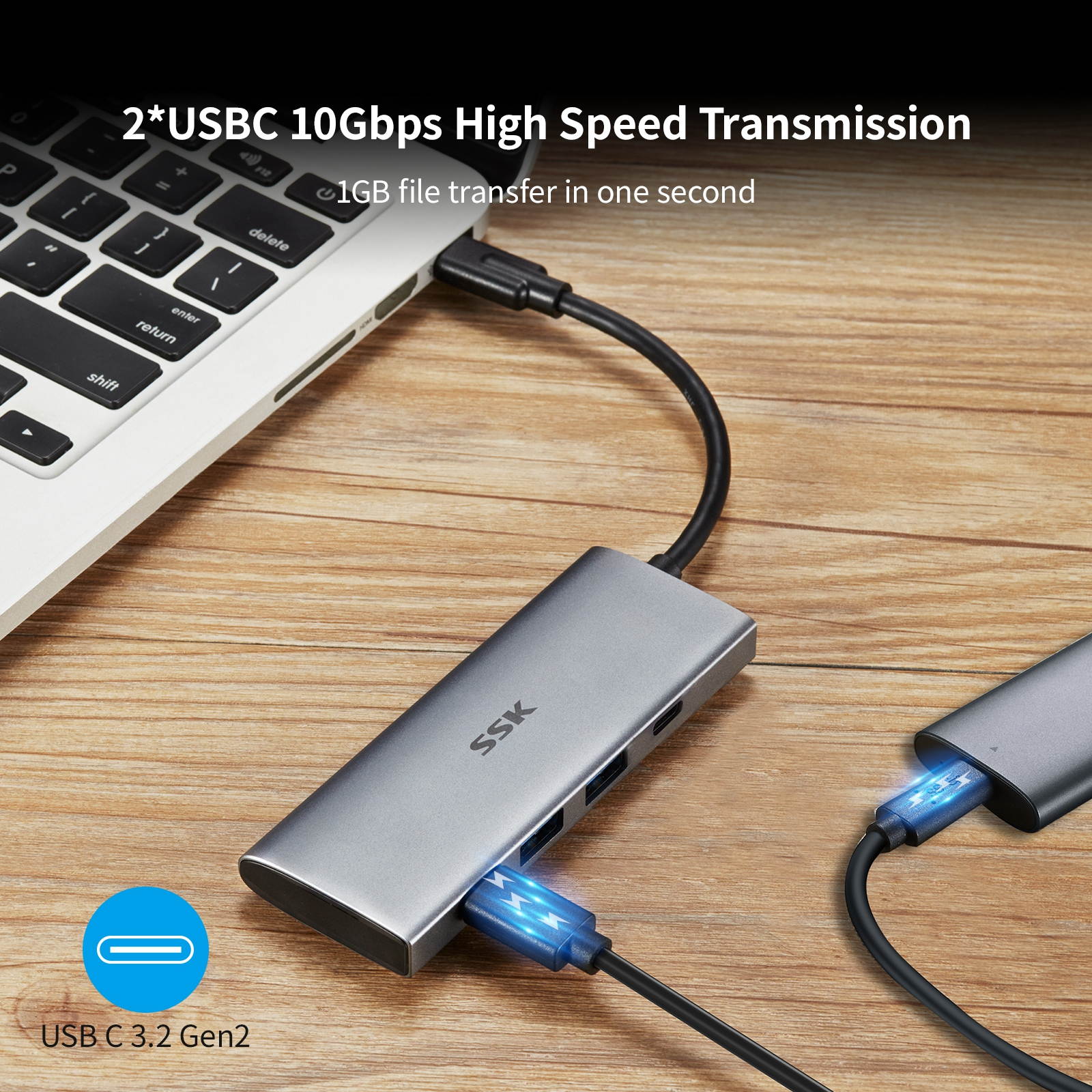 SSK USB C 10Gbps Hub, 4-in-1 SuperSpeed USB 10Gbps Type C Multiport Adapter with 2 USB C 2 USB A 3.1/3.2 Gen2 10Gbps Ports,USB C Dock for iMac/MacBook/Pro/Air/Surface Pro and More Type C Devices