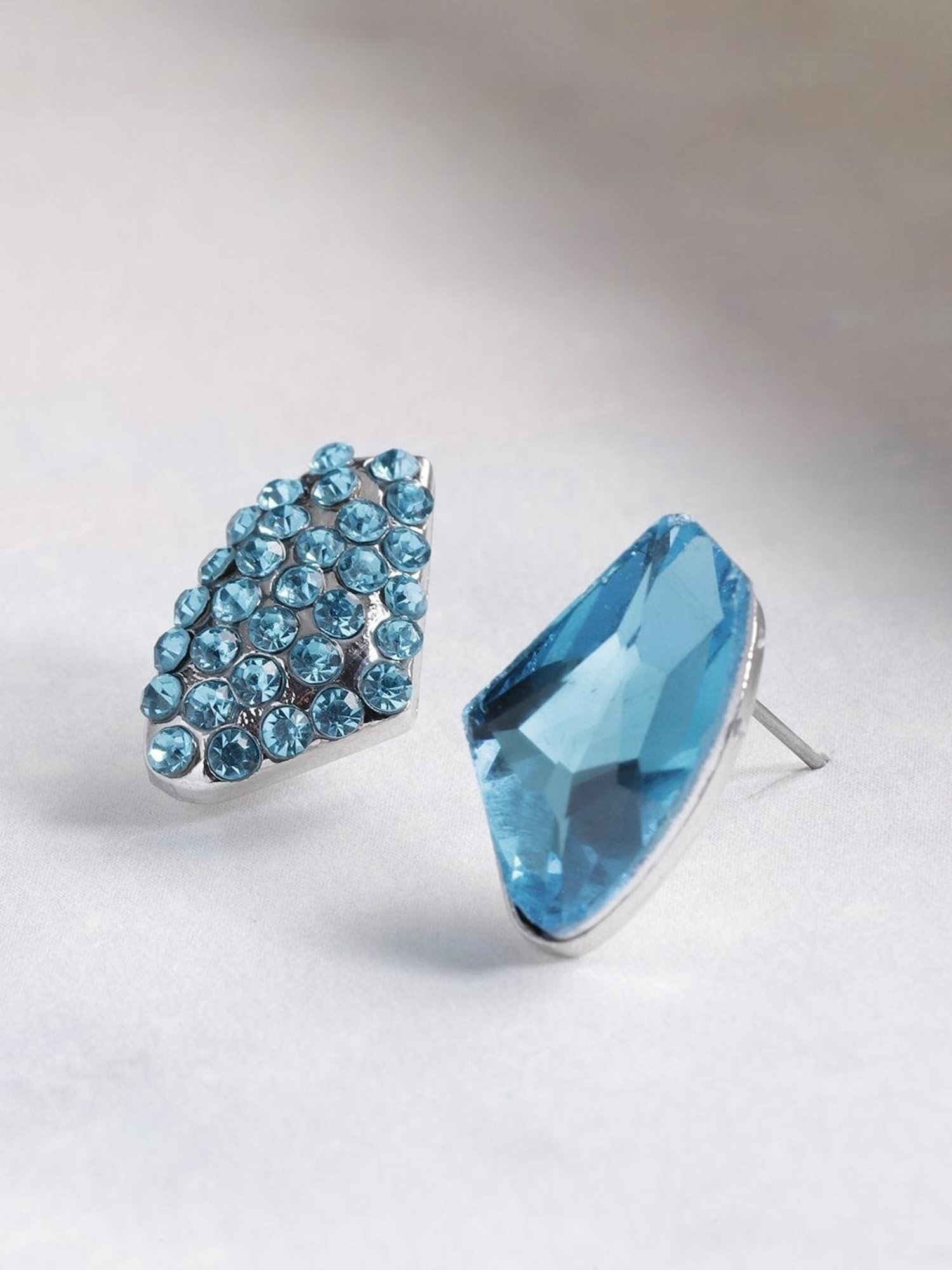 YouBella Silver-Plated Blue Contemporary Stone Studded Stud Earrings for Women