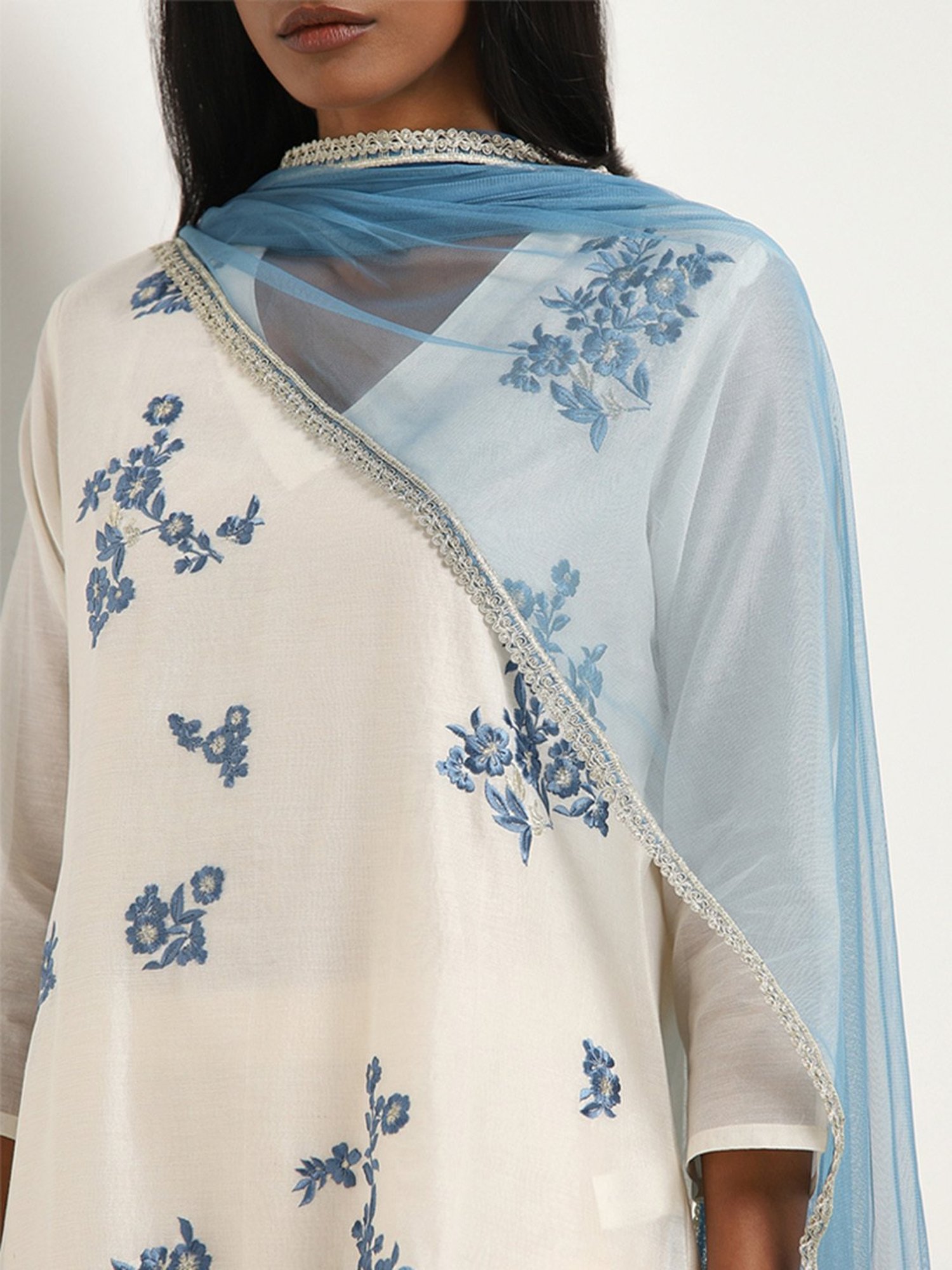 Vark by Westside Off-White Embroidery A-Line Kurta, Pants & Dupatta Set