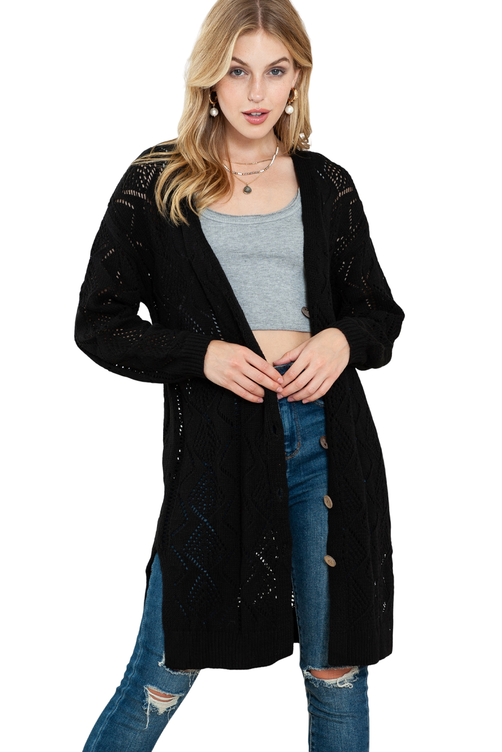 Black Button Up Hollow Out Loose Long Cardigan