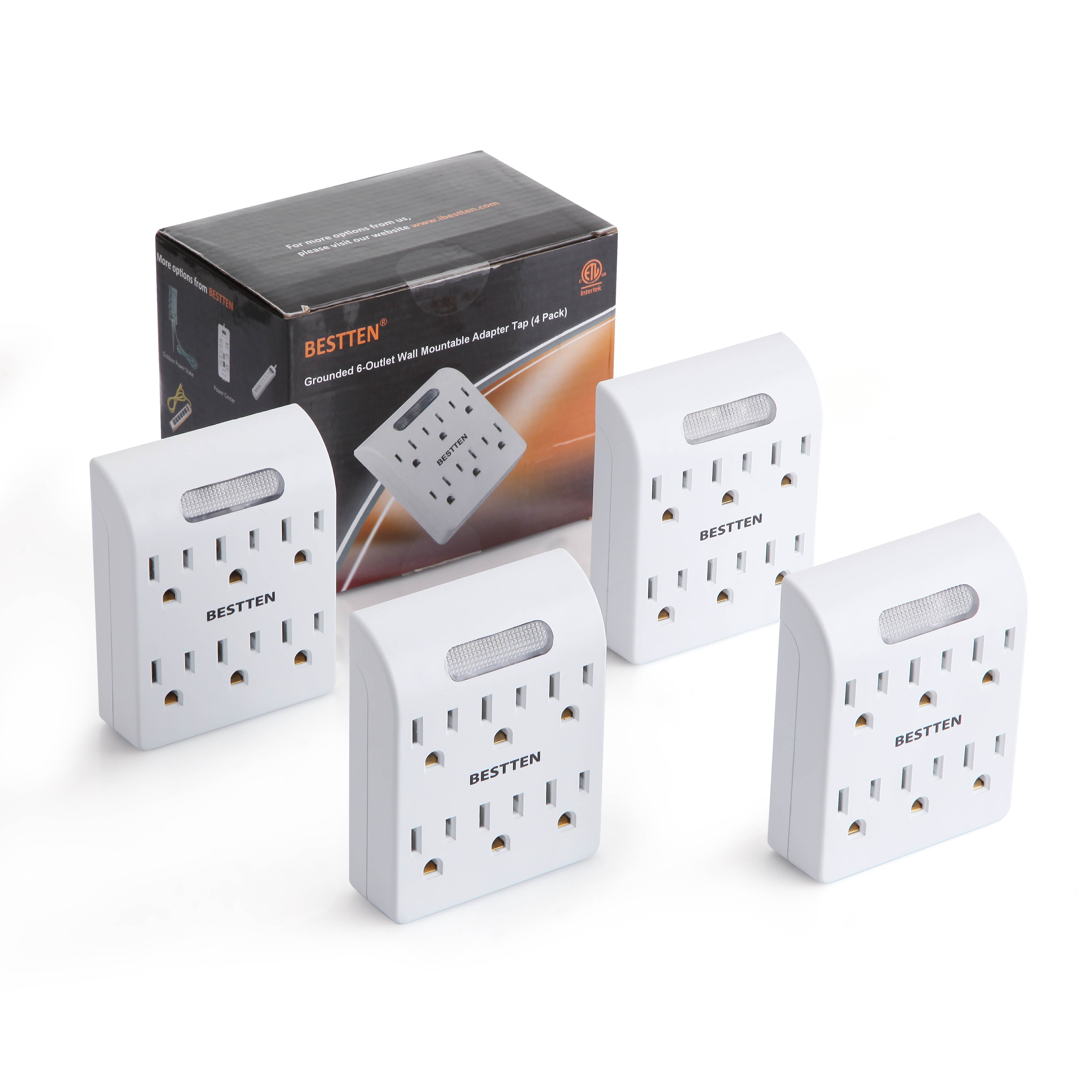 [4 Pack] BESTTEN 6 Way Outlet Extender with Auto LED Sensor Indicator, Perfect Electrical Wall Tap Adapter for Home and Office Use, ETL Certified, White