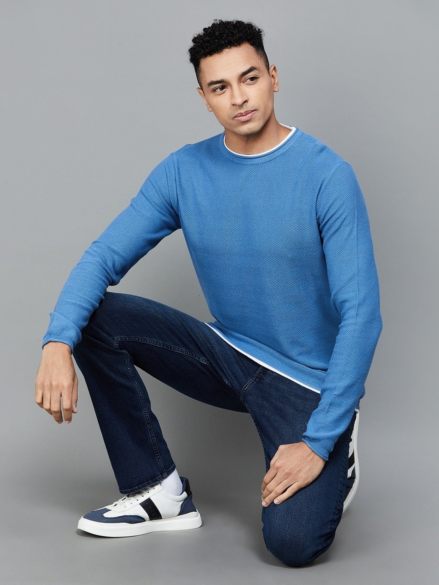 BOSSINI Blue Cotton Regular Fit Texture Sweater