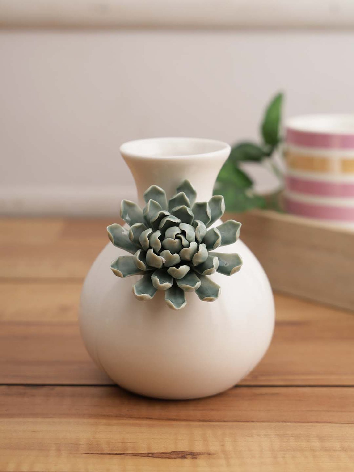 TAYHAA White & Green Ceramic Vase - Set of 1