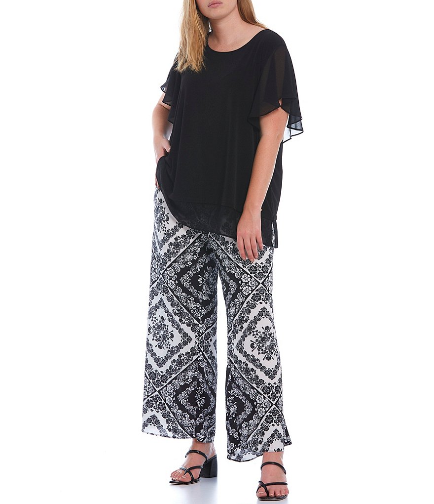 Calvin Klein Plus Size Solid Matte Jersey Jewel Neck Chiffon Ruffle Short Sleeve Double Layer Hem Top