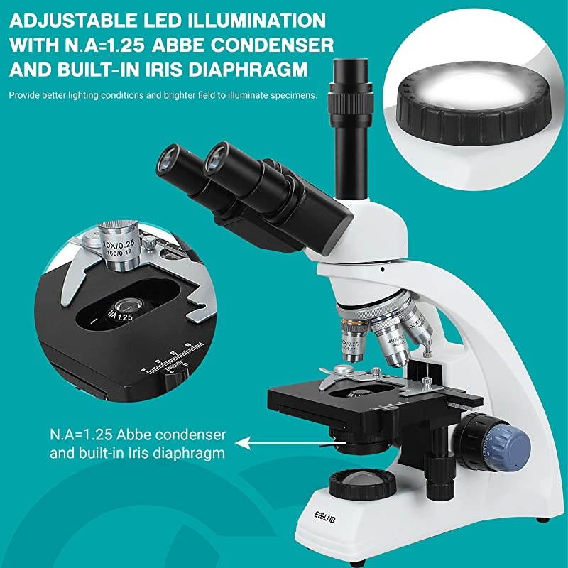40X-2000X Microscopes for Students Adults 3W LED Compound Lab Microscope with Phone Adapter X-Y Mechanical Stage N.A = 1.25 Abbe Condenser 2 Types of Power Supplies