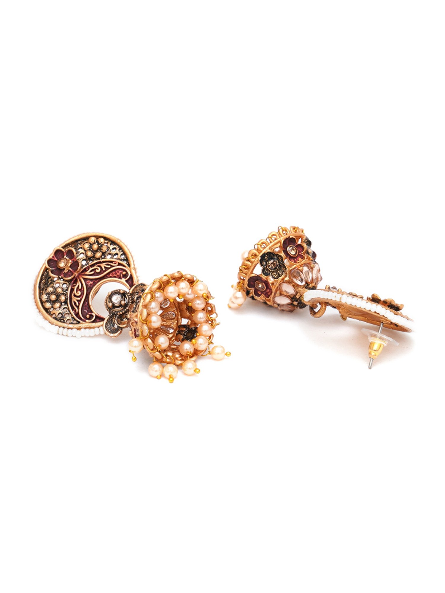 Karatcart Antique Gold-Plated White Beaded Maroon Floral Jhumki Earrings for Women