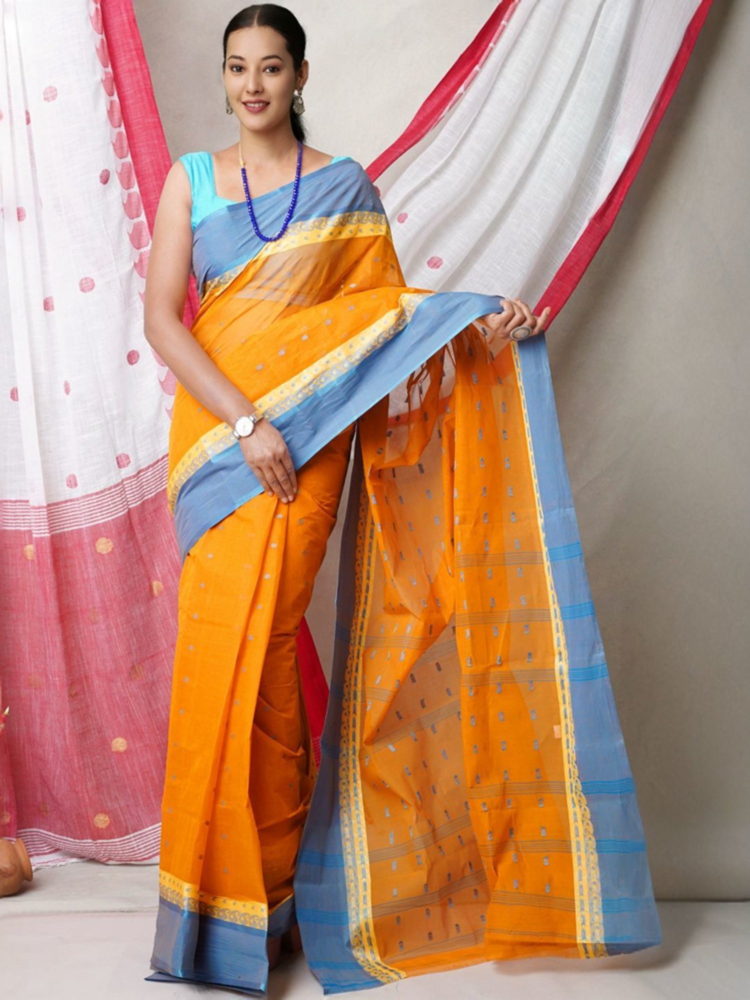 Unnati Silks Mustard Cotton Woven Saree With Unstitched Blouse