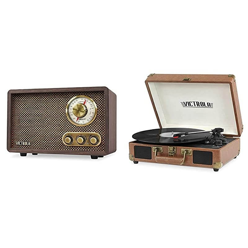 Retro Wood Bluetooth FMAM Radio with Rotary Dial Espresso amp Vintage 3Speed Bluetooth Portable Suitcase Record Player with Builtin Speakers | Upgraded Turntable Audio Sound