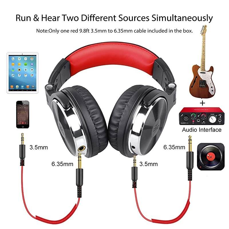 Over Ear Headphone Wired Bass Headsets with 50mm Driver Foldable Lightweight Headphones with Shareport and Mic for Recording Monitoring Podcast Guitar PC TV Red