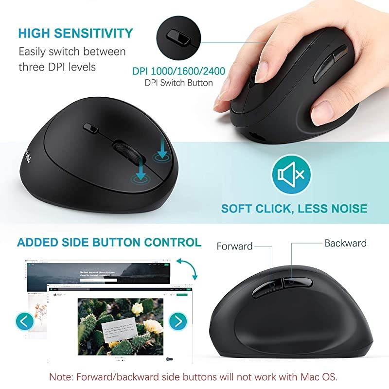 Vertical Wireless Mouse,  Ergonomic Mouse Reduces Wrist Strain, Easy Switch Between 3 Computers with Bluetooth, USB or Type C Connection, Rechargeable - MV09D (Black)