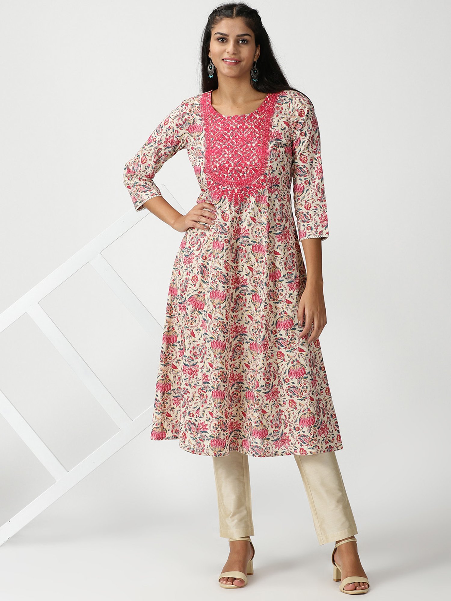 Saffron Threads Beige & Pink Cotton Embroidered A Line Kurta