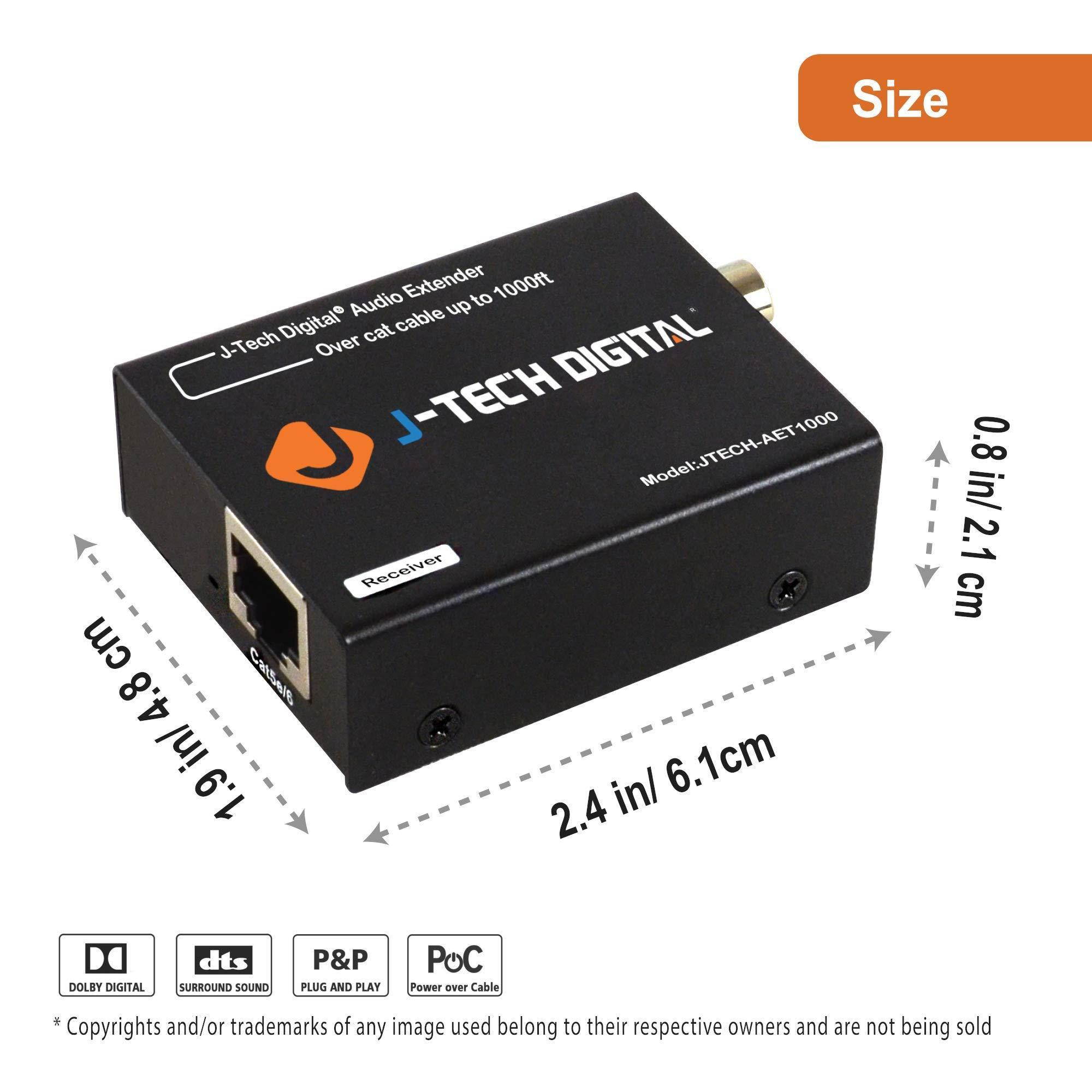 J-Tech Digital Optical/Coaxial Digital Audio Extender/Converter Over Single Cat5e/6 Cable (PoC) up to 990&rsquo; (300m) for Dolby Digital, DTS 5.1, DTS-HD, PCM [JTECH-AET1000]