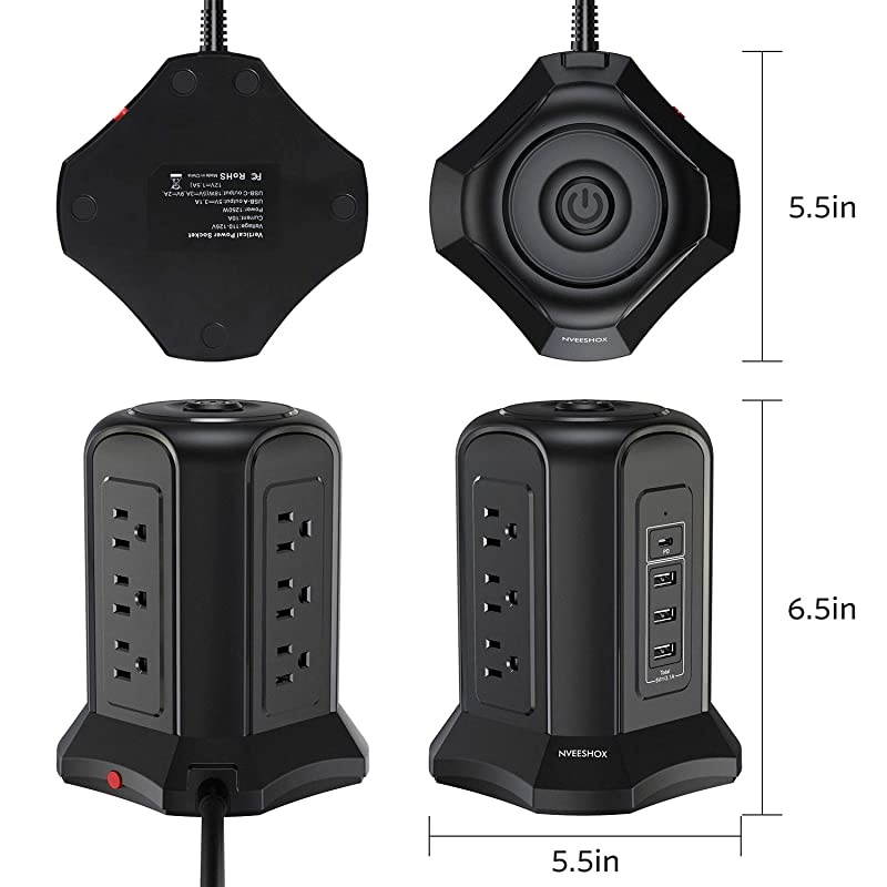 Protector Power Strip Tower 9 AC Outlet 3 USB Ports 1 USB C Ports with 10FT Extension Cord Power Strip Vertical Overload Protection, Multiple Outlets Electric Charging Station for Home Office