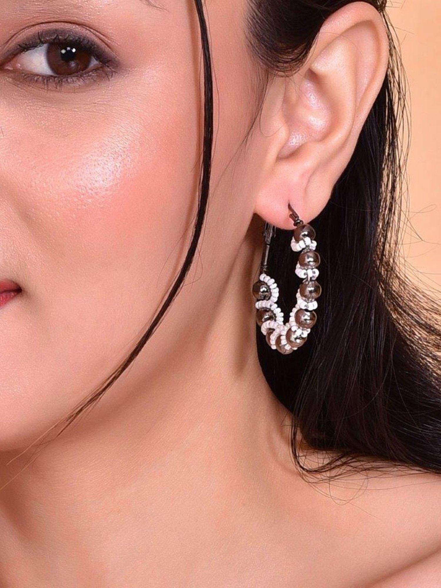 VOJ White Pearl with Silver Bead Hoop Earrings for Women