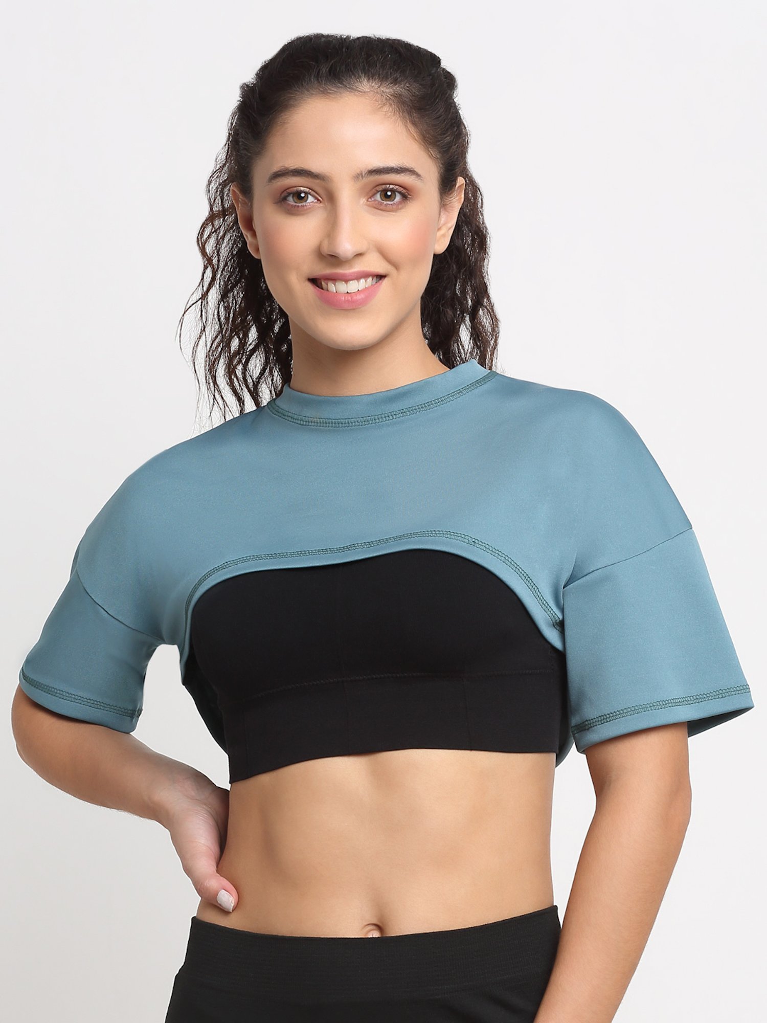 EVERDION Ice Blue  Round Neck Crop T-Shirt