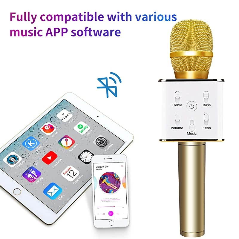 Q7 Wireless Bluetooth Karaoke Microphone10W Dual Speakers Portable Handheld Karaoke Machine Christmas Birthday Home Party for KidsAdults iPhoneiPadTabletTVPCAndroid SmartphoneGolden