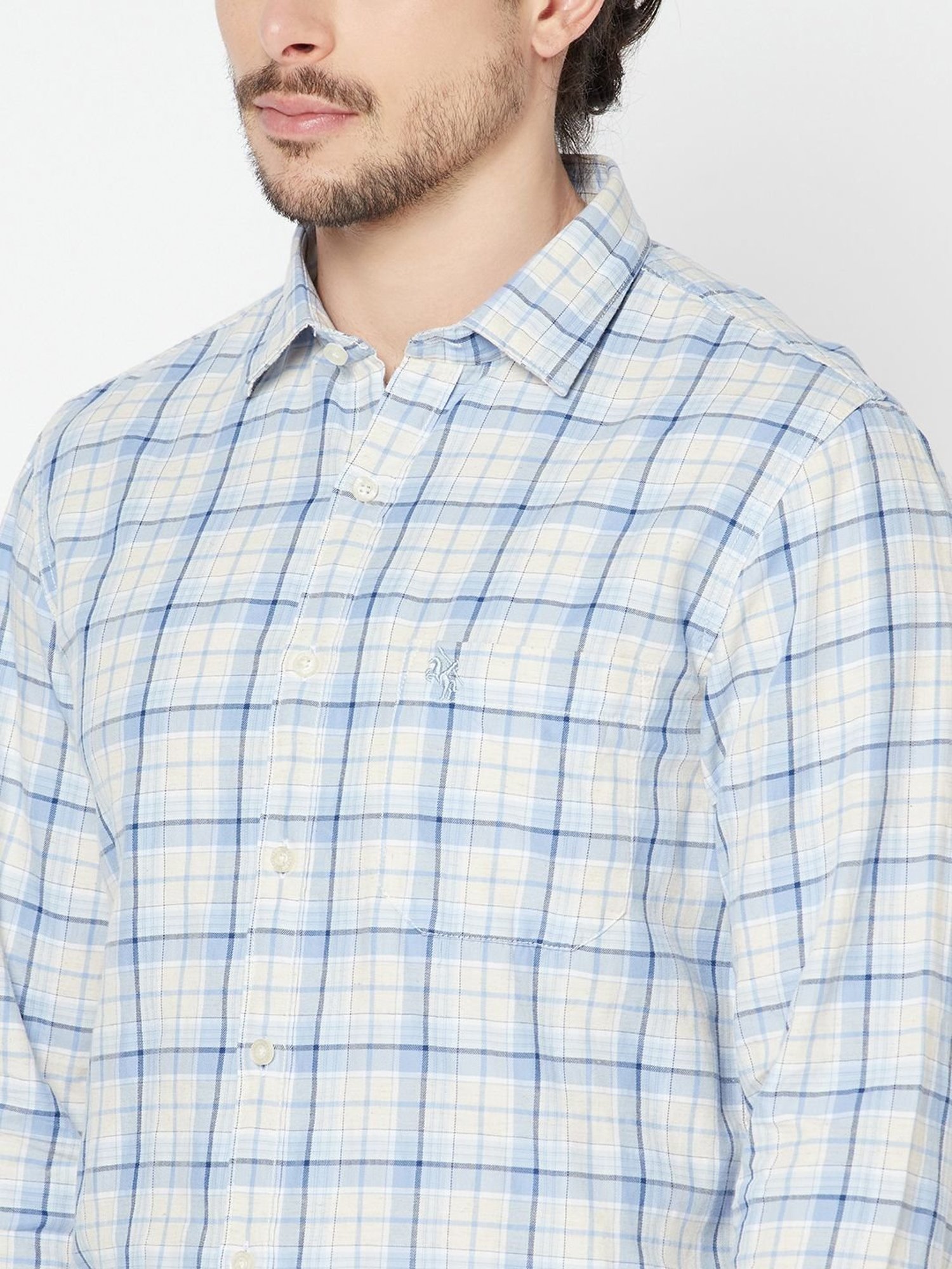Spykar Blue Cotton Slim Fit Checks Shirt