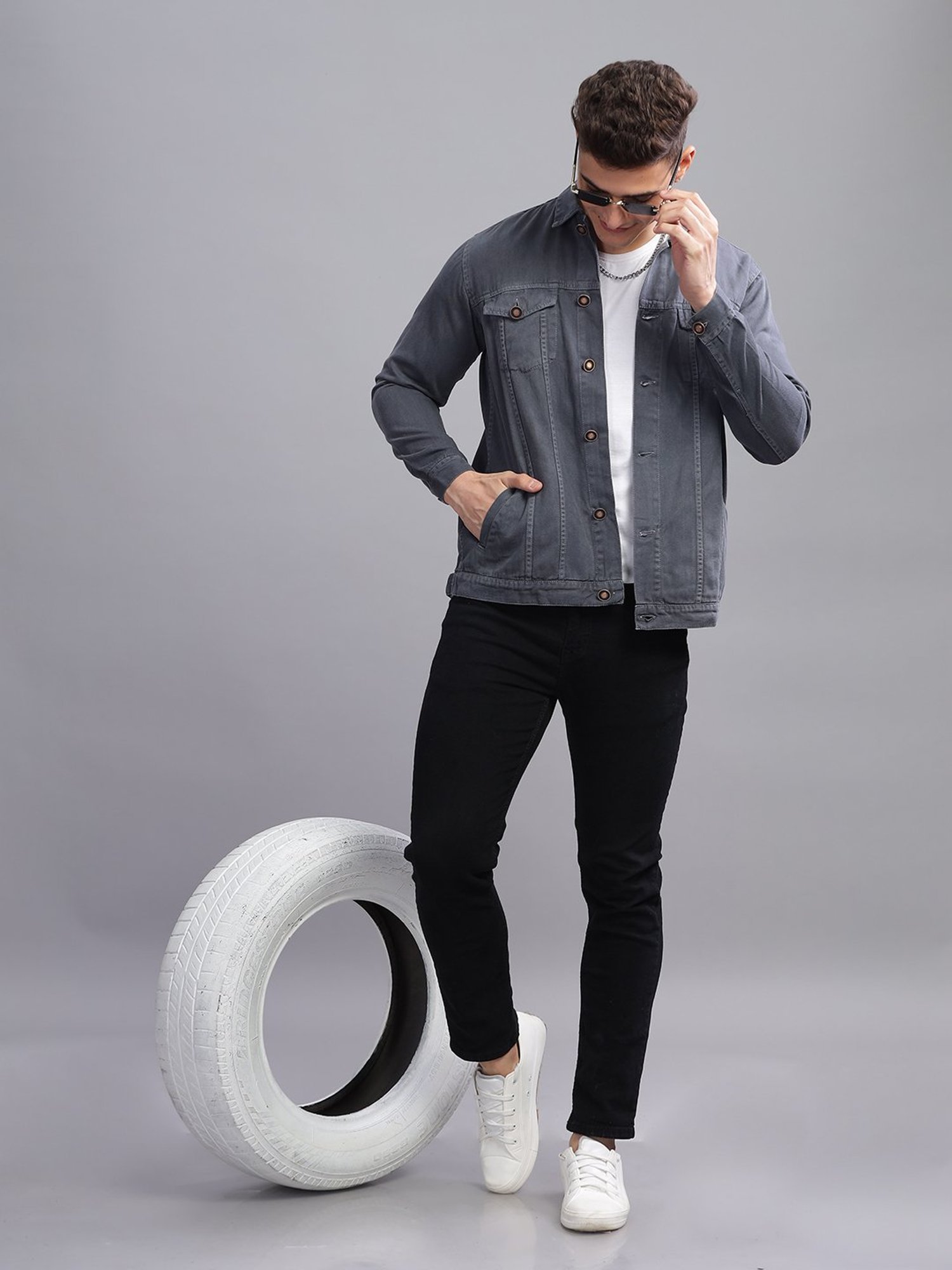 Kuons Avenue Dark Grey Regular Fit Denim Jacket