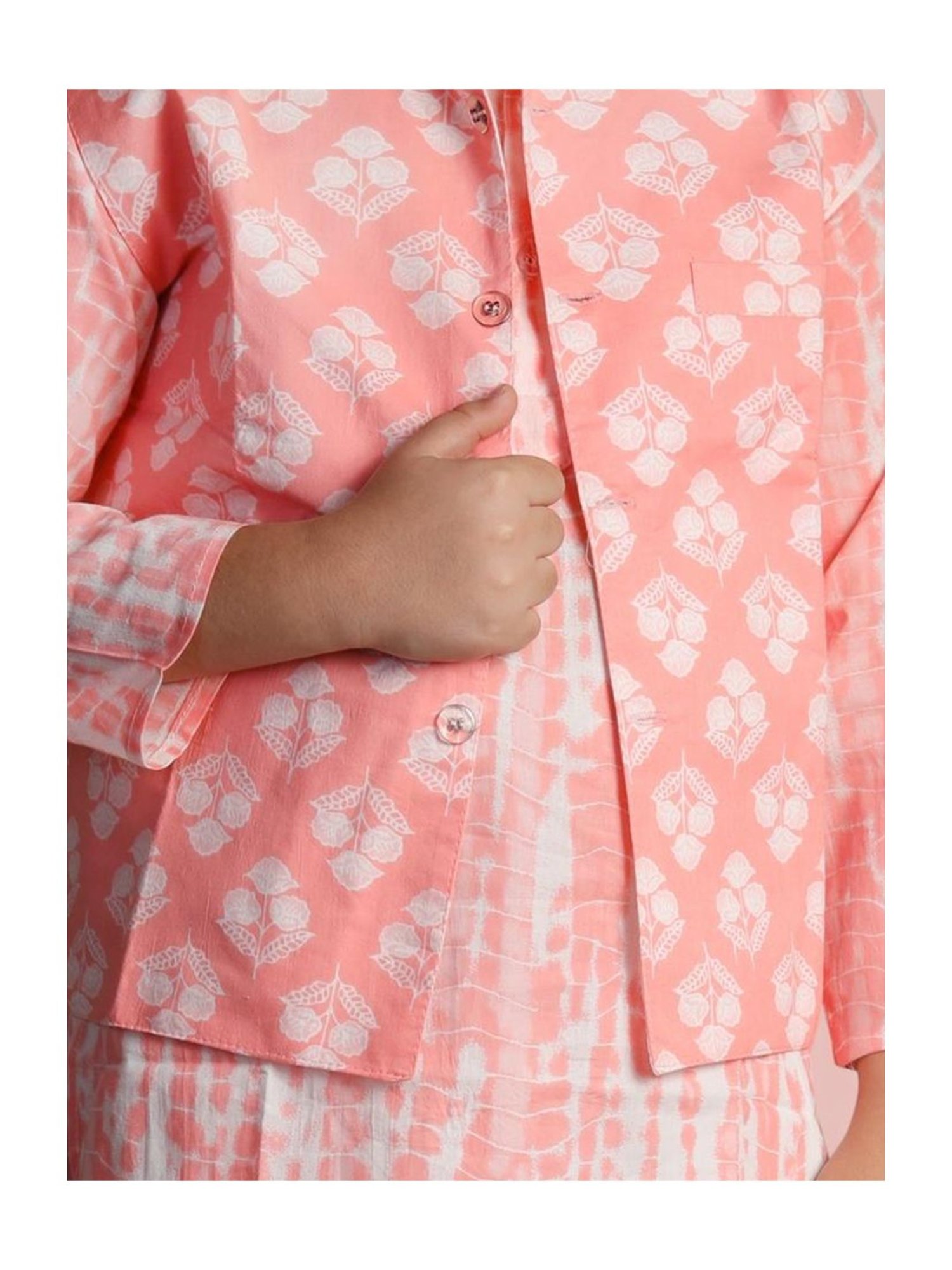 Tippy Top Kids Peach & White Floral Print Full Sleeves Kurta, Pyjamas with Jacket
