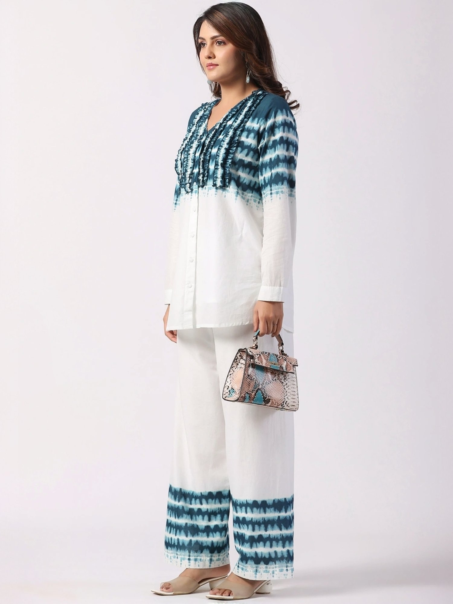 Zolo Label White Cotton Printed Shirt Palazzo Set
