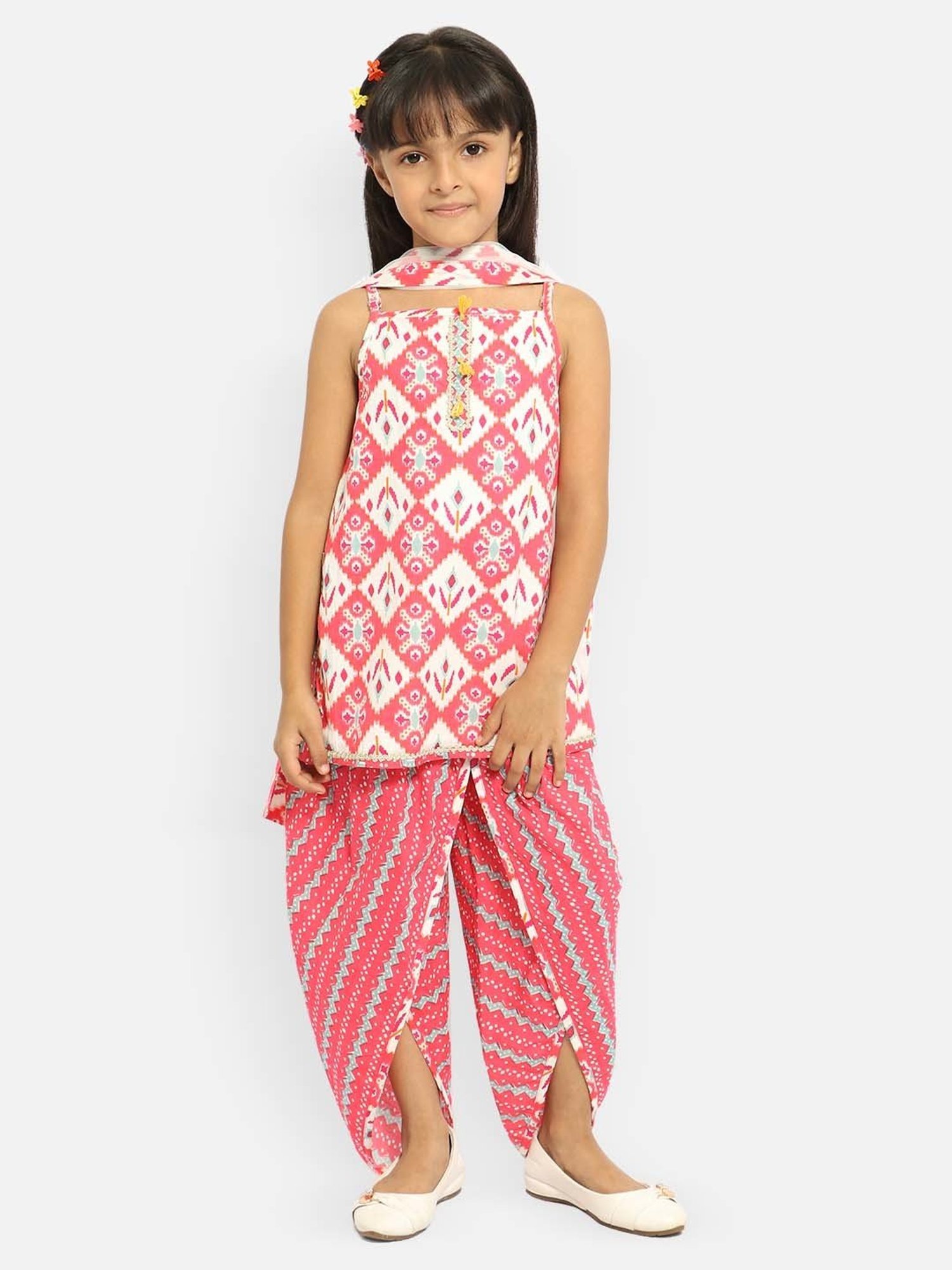 Nauti Nati Kids White & Pink Embellished Kurta, Dhoti with Dupatta