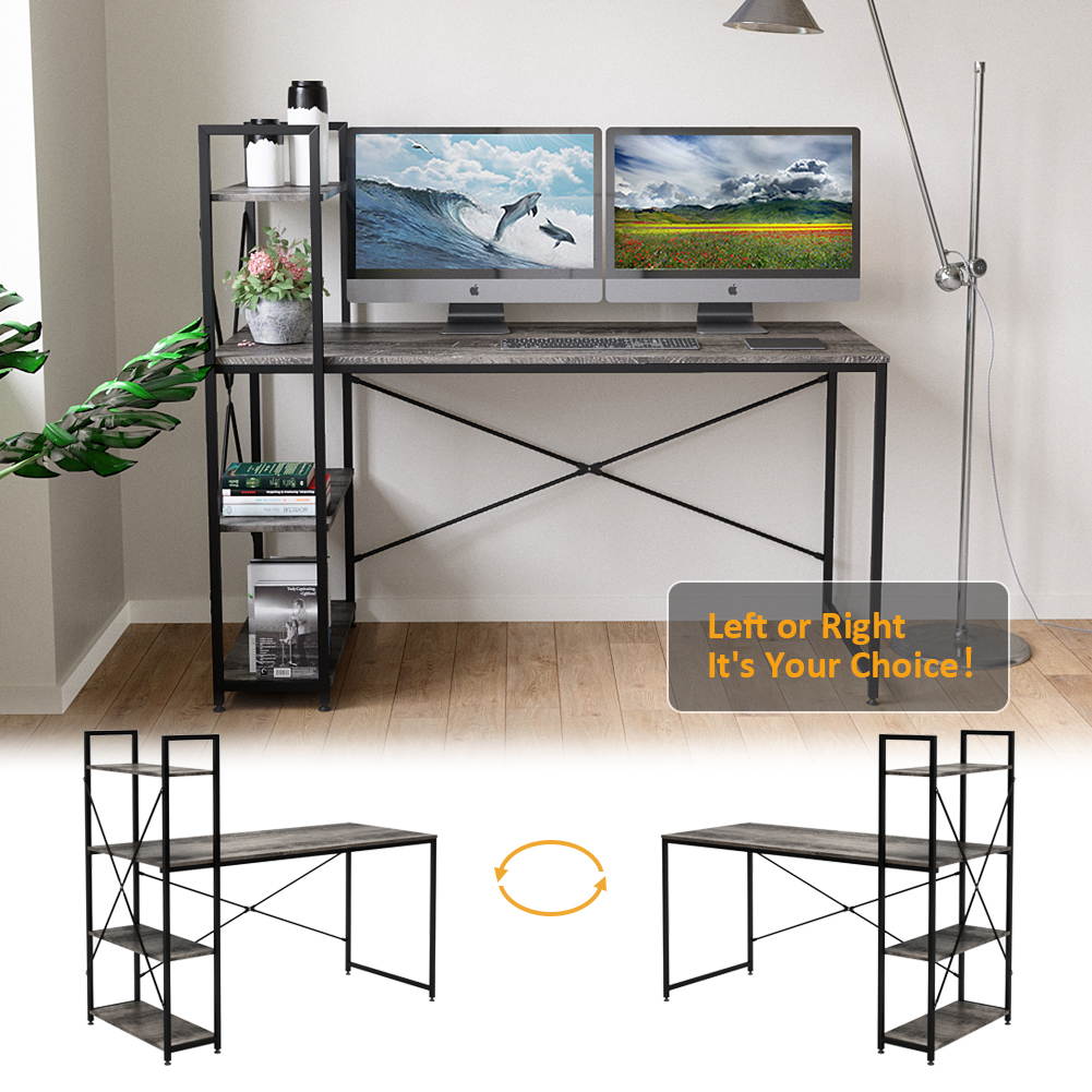 Bestier 63 Inch Computer Desk with Storage Shelves, Modern Bookshelf Desk with Headphone Hook Large Workstation Writing Desk with Reversible Bookshelves Home Office Work Table Study Desk Grey