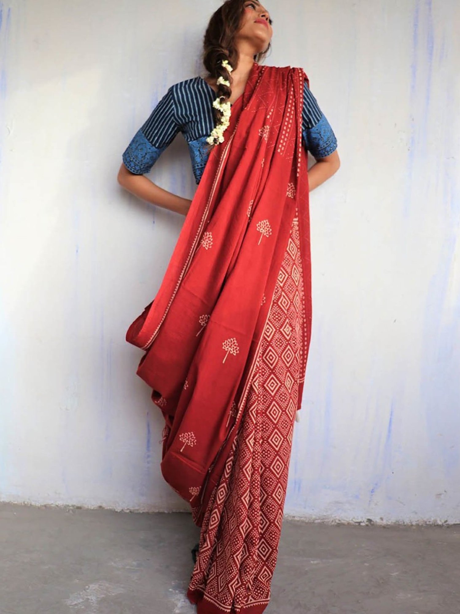 Chidiyaa Maroon Block Printed God Saree