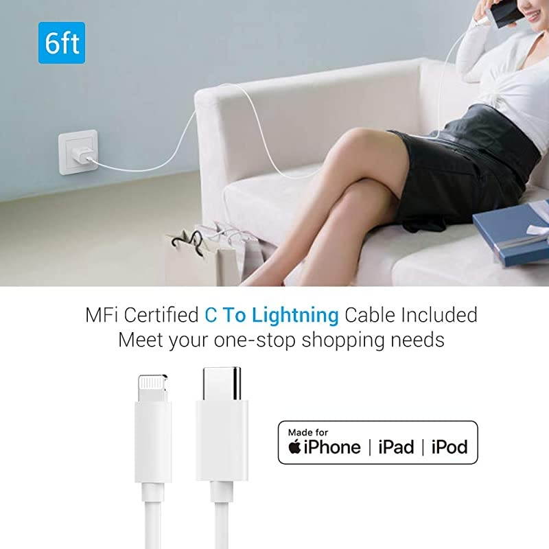 iPhone Fast Charger MFi Certified  18W USB C Wall Charger + 6FT C to Lightning Cable Power Delivery 30 Fast Charging Adapter for iPhone 11 Pro XR XS Max X 8 Plus iPad Pro iPad Air White