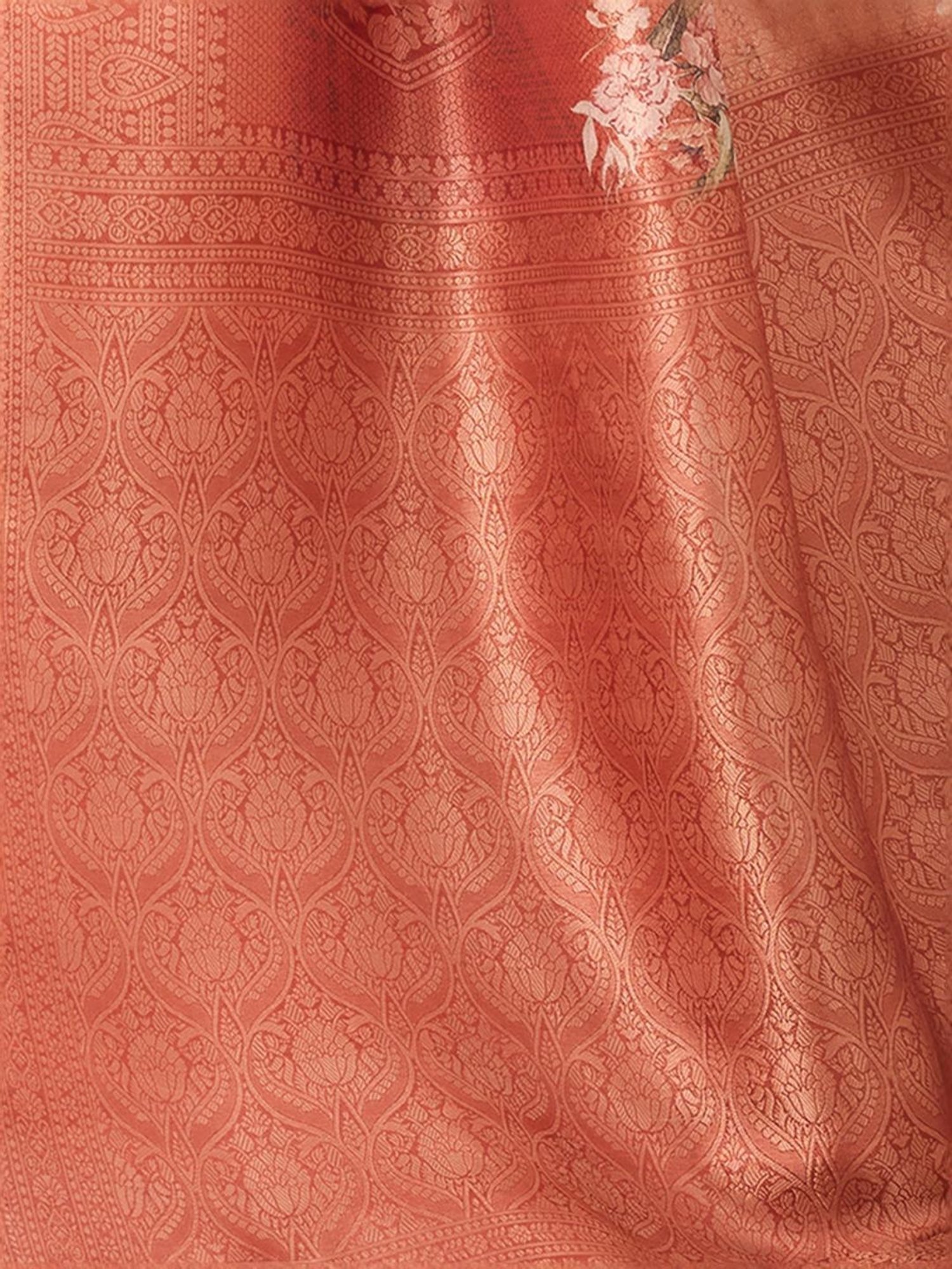 Satrani Beige & Rust Woven Saree With Unstitched Blouse