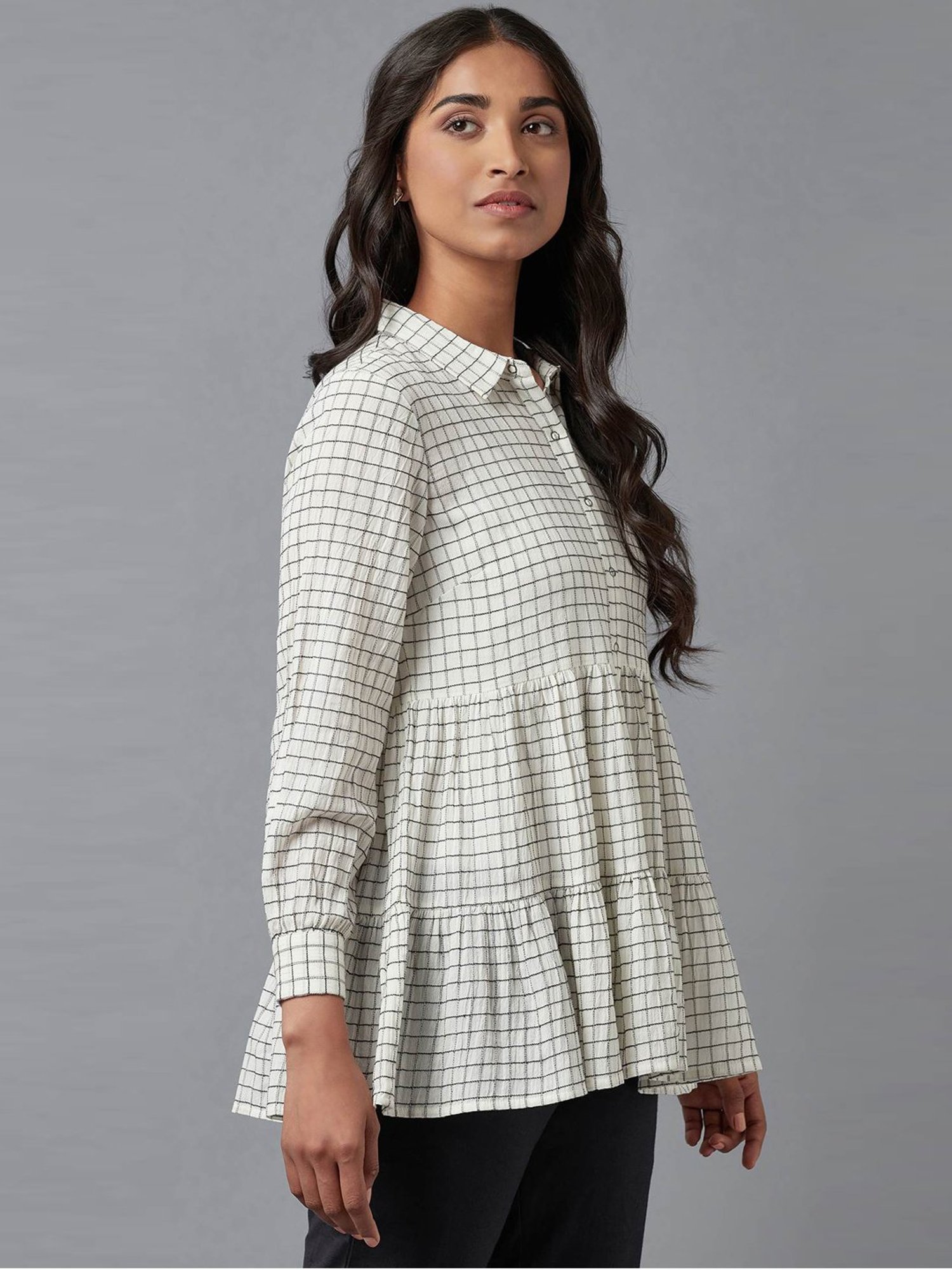 W Off-White Cotton Chequered Tunic