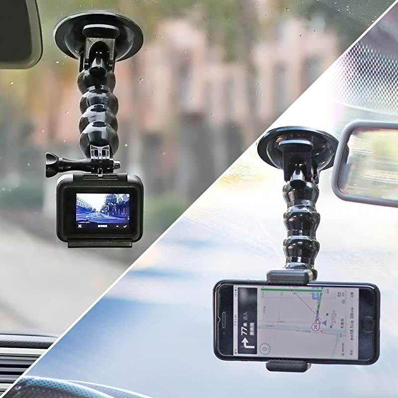Gooseneck Extension Suction Cup Car Mount Holder with Phone Holder for GoPro Hero 98765 Black4 Session4 Silver3+iPhoneSamsung GalaxyGoogle Pixel and More