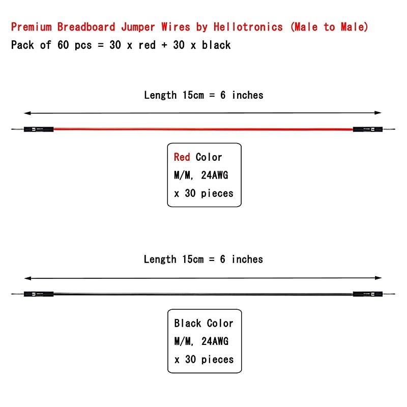 Breadboard Male to Male Jumper Wires Black Red Color for Power Lines 01 Square Head 60Pack 24AWG by Hellotronics MM 15CM Pack of 60