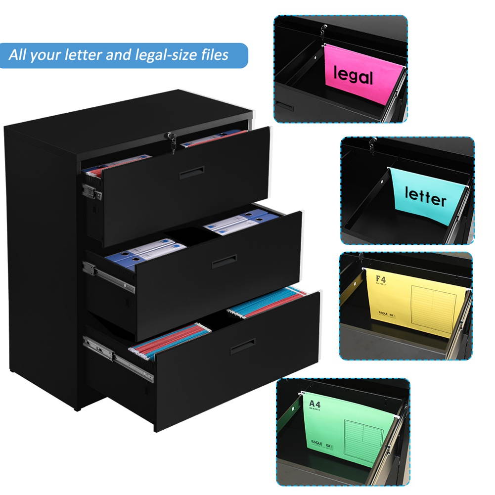Lateral File Cabinet&mdash;&mdash;Anti-tilt structure/More file space/Office lock design (2 Drawers, Black)