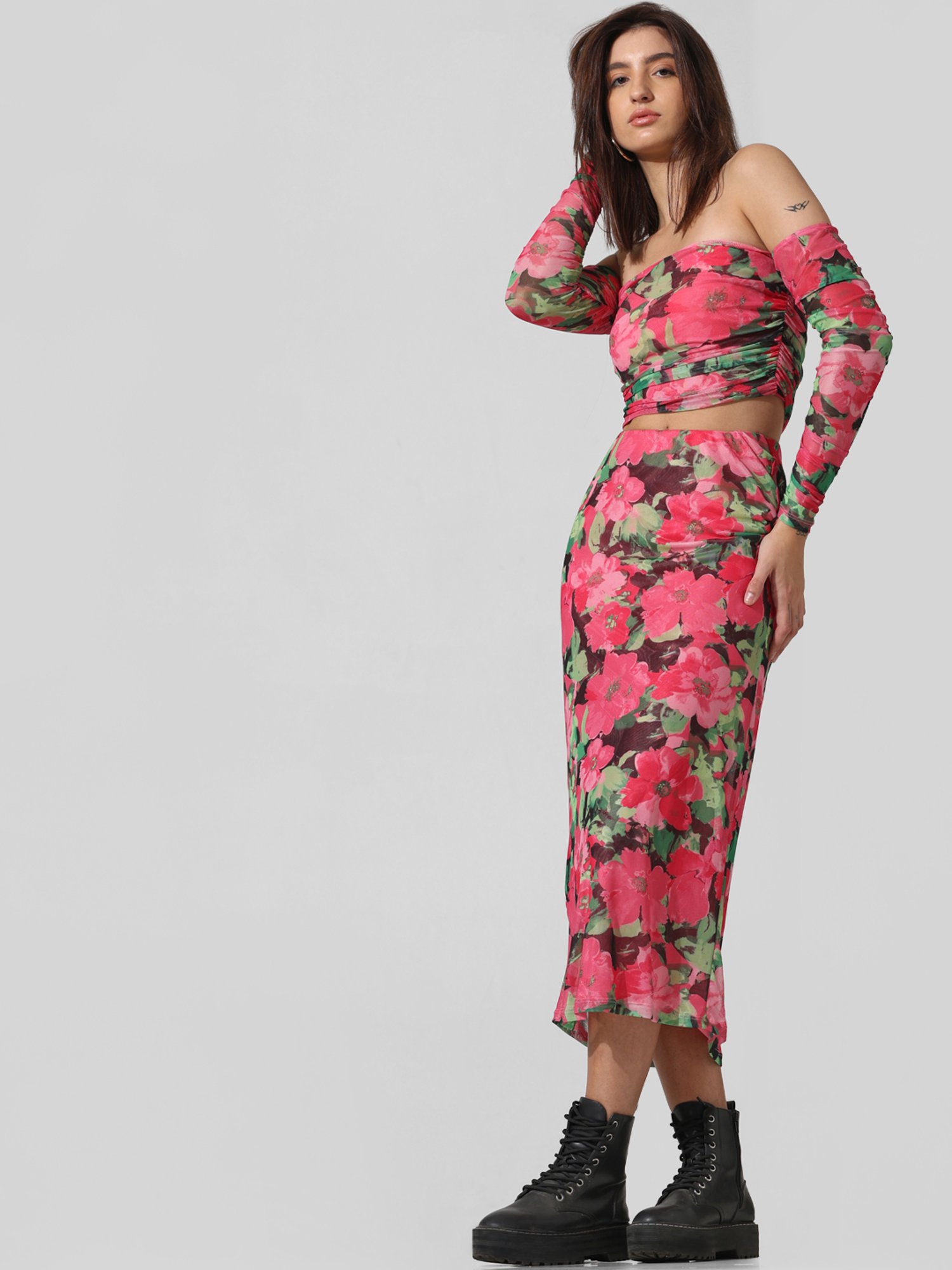 Only Pink Floral Print Midi Skirt